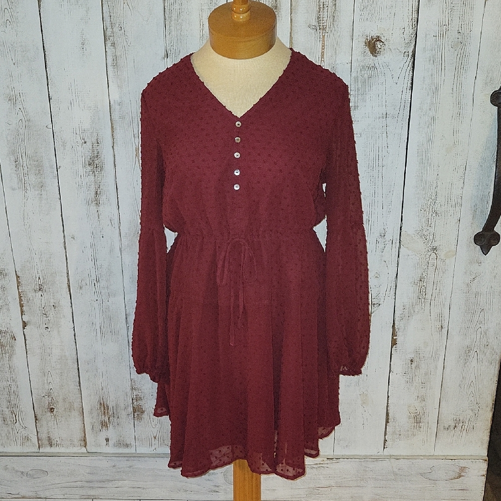 Burgundy Swiss Dot Flowy Midi Dress